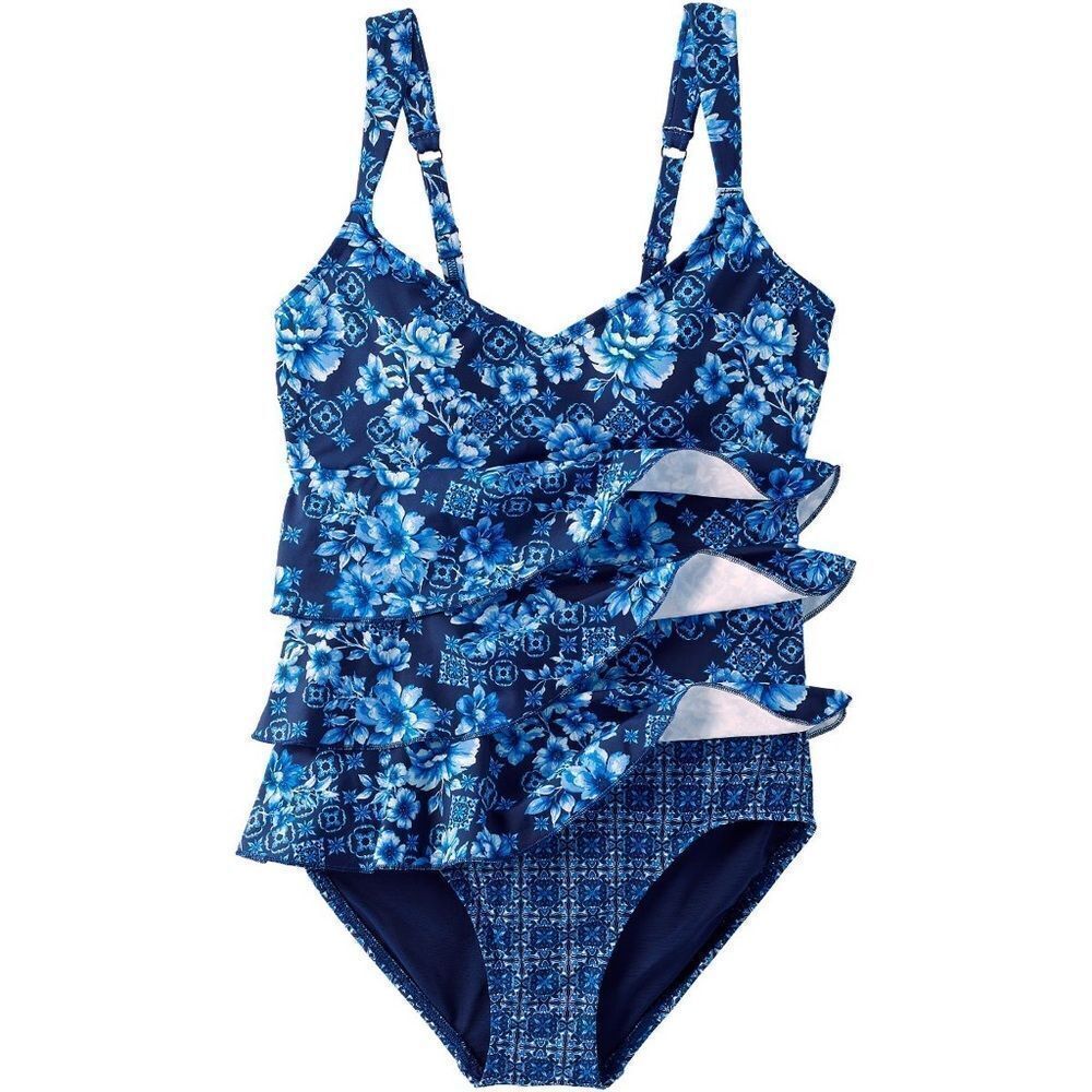 Land's End ruffle Fauxkini 1 piece swimsuit control navy mosaic floral tile 12